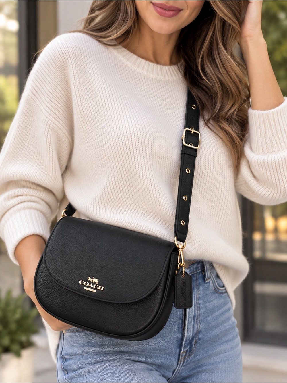 NWOT Coach Macie Black Pebbled Leather Saddle Crossbody Bag CB896